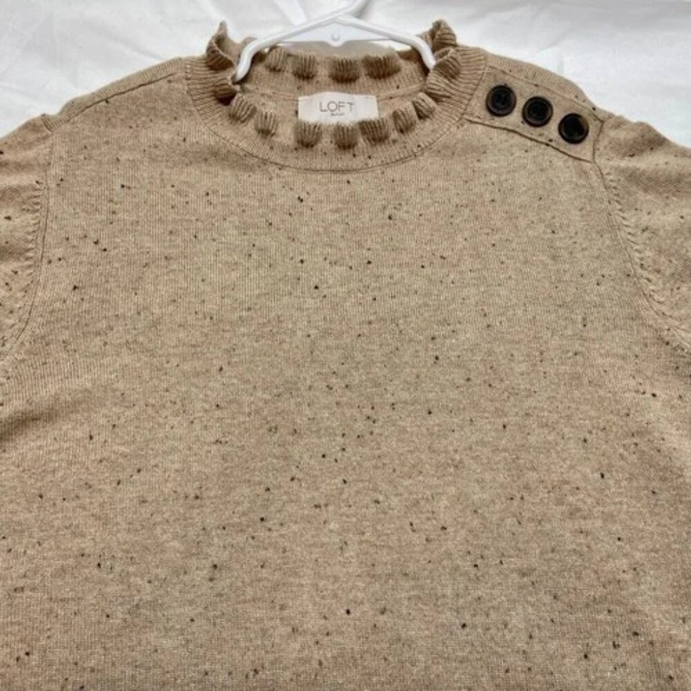 Loft Sweater Women’s Small Beige Speckle Ruffled Collar Button Accent Longsleeve - Picture 14 of 14